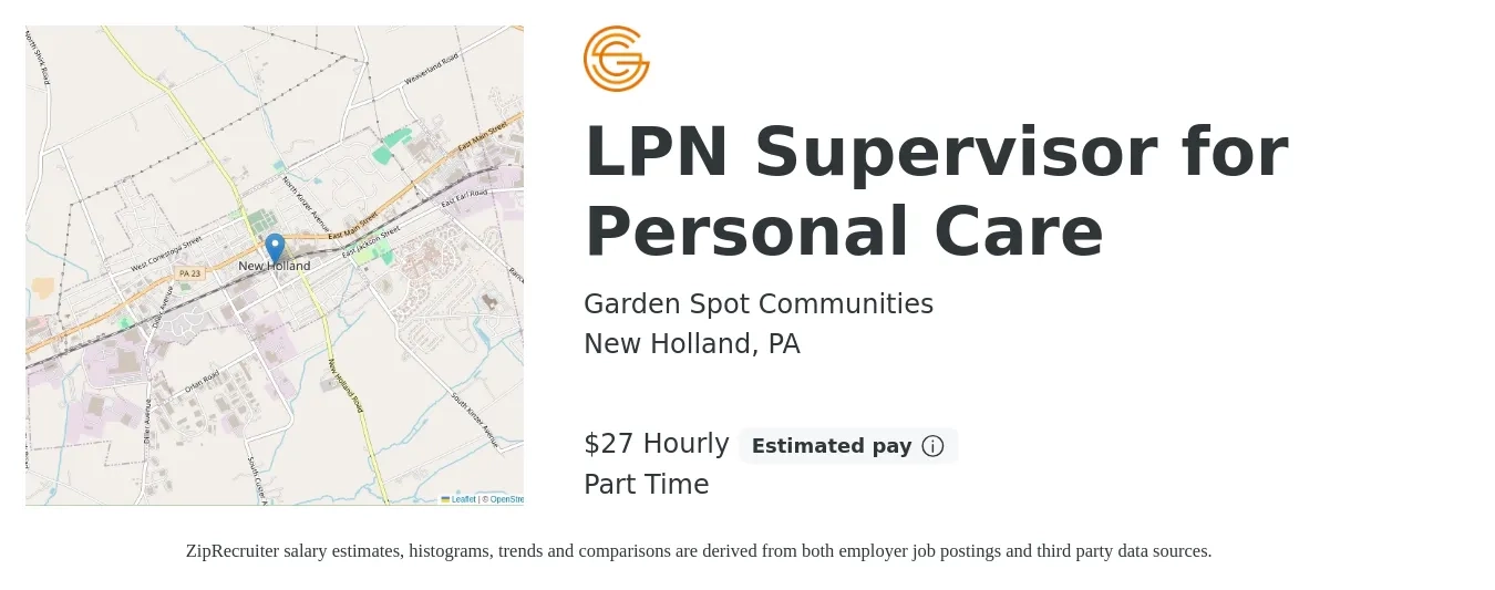 Garden Spot Communities job posting for a LPN Supervisor for Personal Care in New Holland, PA with a salary of $28 Hourly with a map of New Holland location.