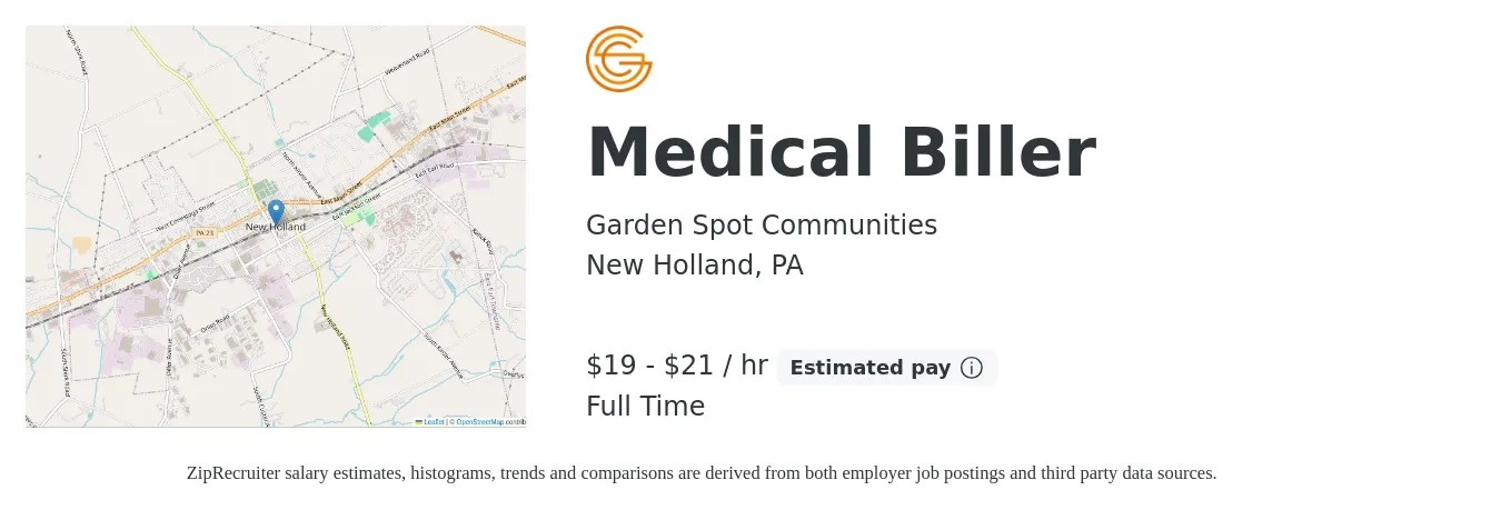 Garden Spot Communities job posting for a Medical Biller in New Holland, PA with a salary of $20 to $22 Hourly with a map of New Holland location.