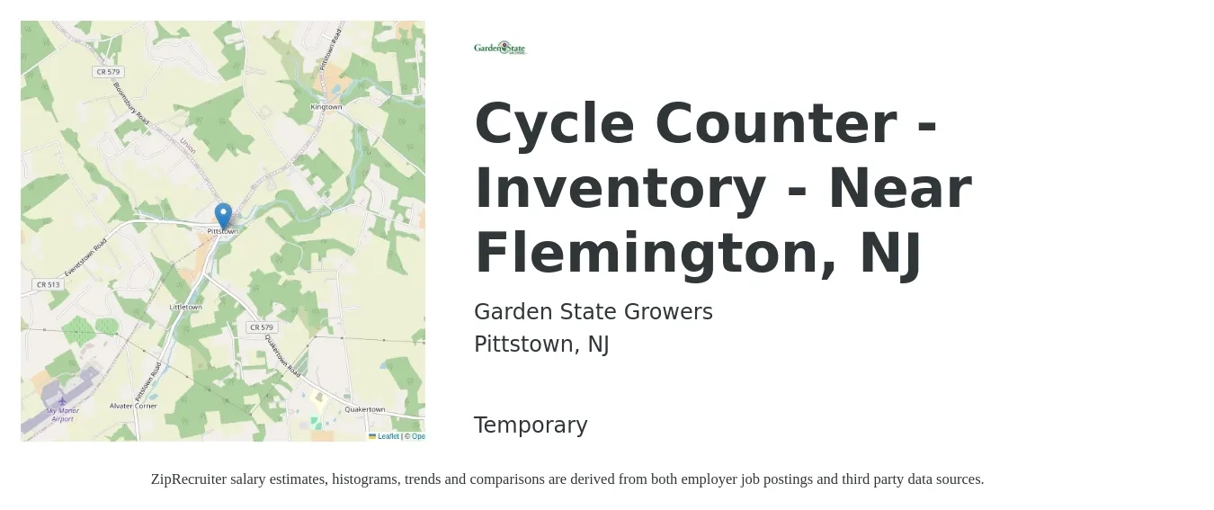 Garden State Growers job posting for a Cycle Counter - Inventory - Near Flemington, NJ in Pittstown, NJ with a salary of $16 to $19 Hourly with a map of Pittstown location.