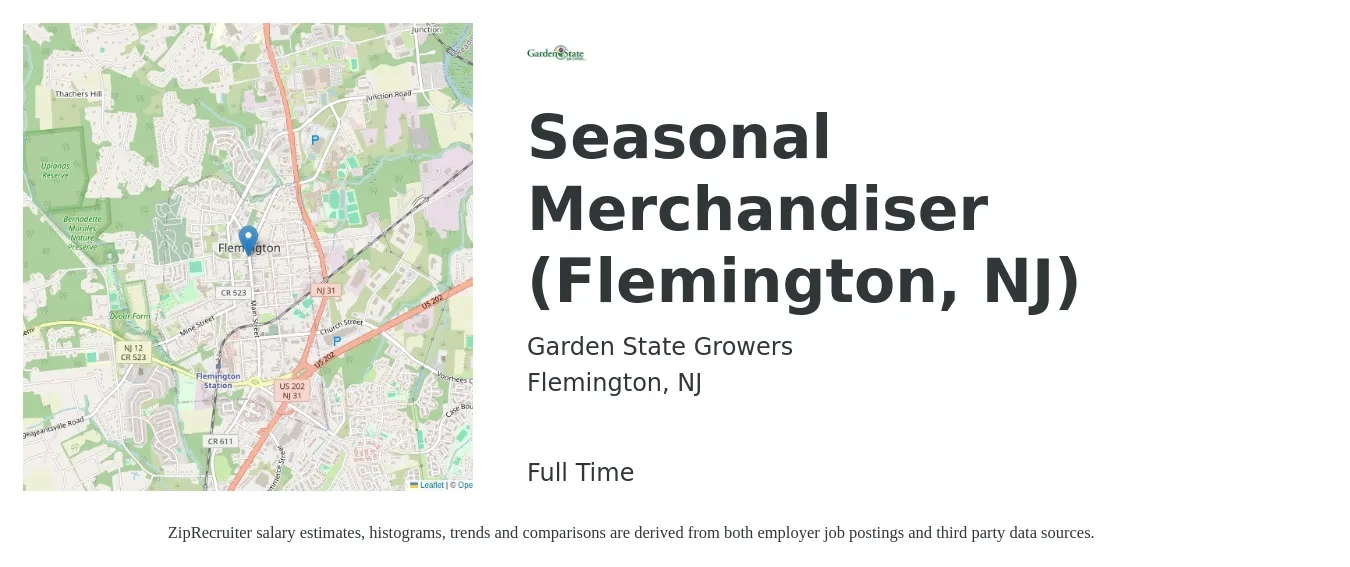 Garden State Growers job posting for a Seasonal Merchandiser (Flemington, NJ) in Flemington, NJ with a salary of $14 to $20 Hourly with a map of Flemington location.