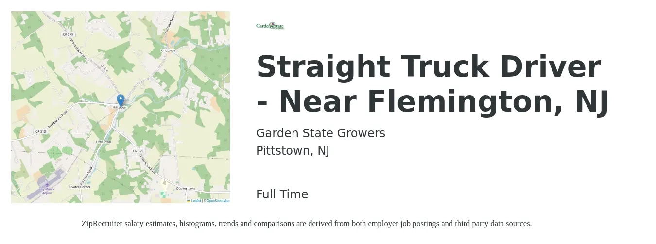 Garden State Growers job posting for a Straight Truck Driver - Near Flemington, NJ in Pittstown, NJ with a salary of $19 to $24 Hourly with a map of Pittstown location.