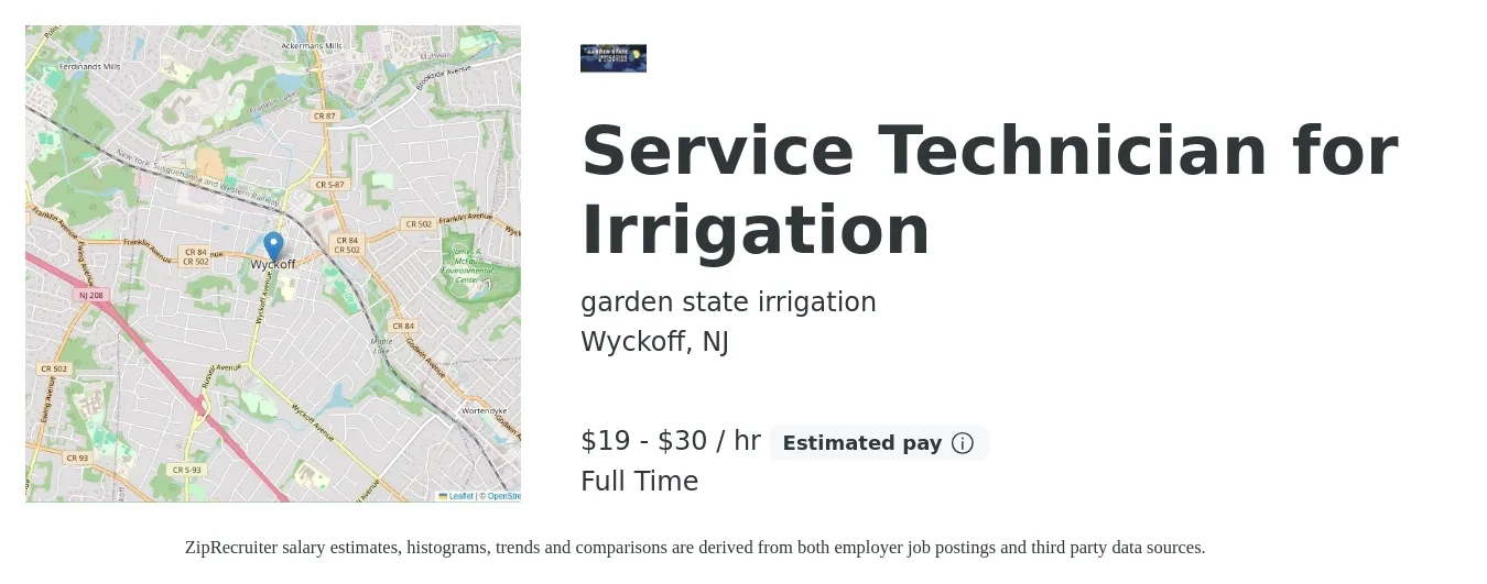 garden state irrigation job posting for a Service Technician for Irrigation in Wyckoff, NJ with a salary of $20 to $32 Hourly with a map of Wyckoff location.