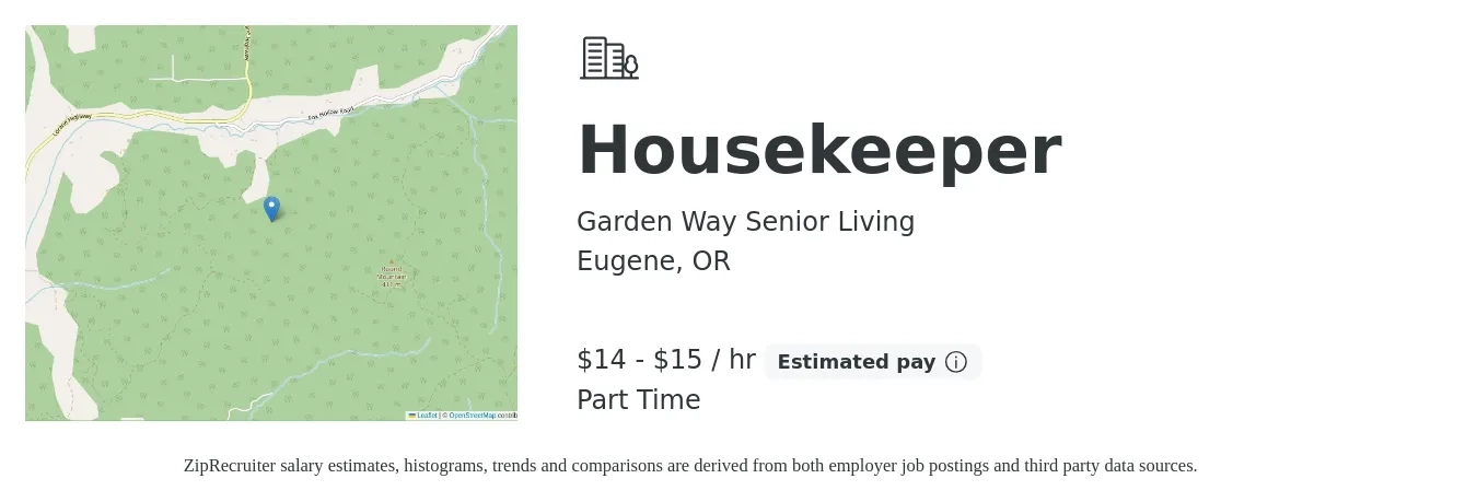 Garden Way Senior Living job posting for a Housekeeper in Eugene, OR with a salary of $16 to $16 Hourly with a map of Eugene location.