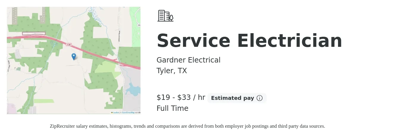 Gardner Electrical job posting for a Service Electrician in Tyler, TX with a salary of $20 to $35 Hourly with a map of Tyler location.