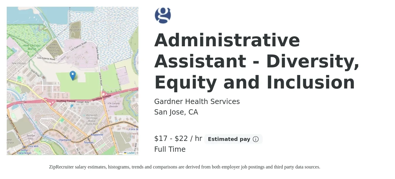 Gardner Health Services job posting for a Administrative Assistant - Diversity, Equity and Inclusion in San Jose, CA with a salary of $18 to $23 Hourly with a map of San Jose location.