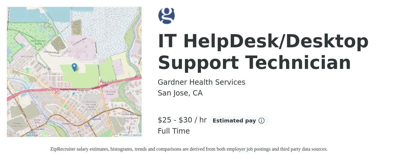 Gardner Health Services job posting for a IT HelpDesk/Desktop Support Technician in San Jose, CA with a salary of $27 to $32 Hourly with a map of San Jose location.