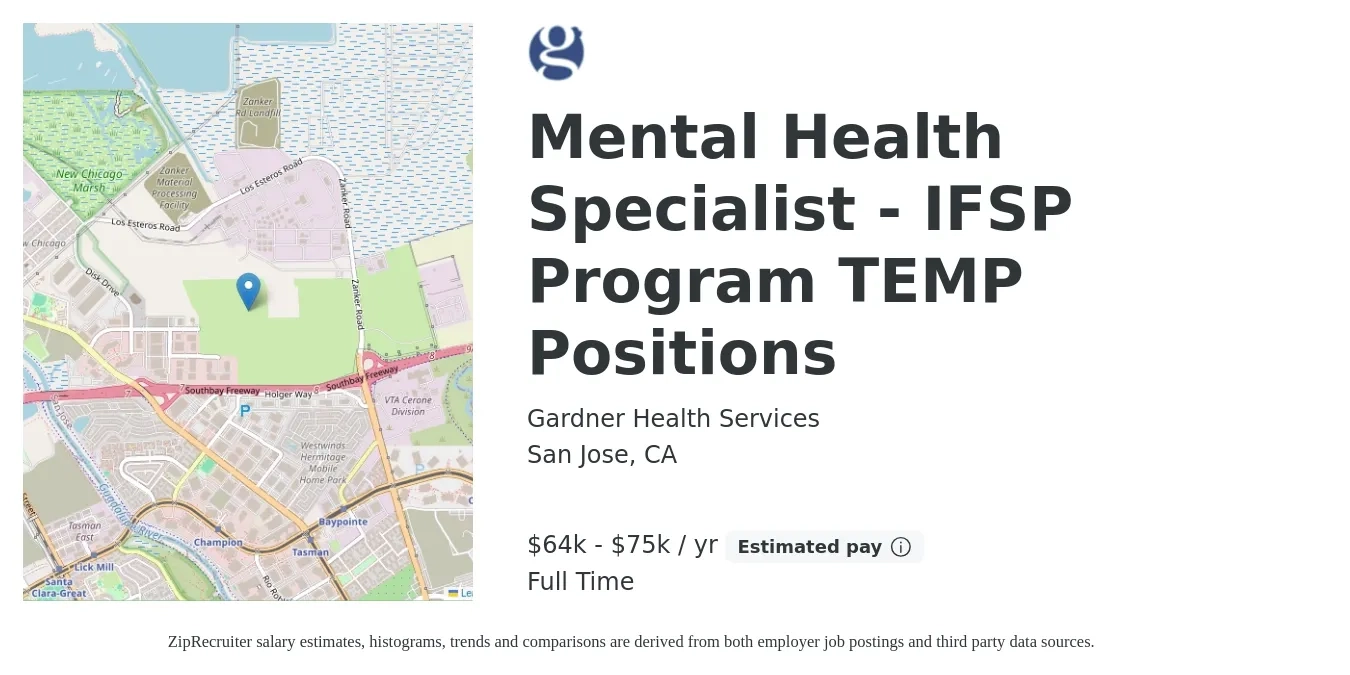 Gardner Health Services job posting for a Mental Health Specialist - IFSP Program TEMP Positions in San Jose, CA with a salary of $64,917 to $75,257 Yearly with a map of San Jose location.