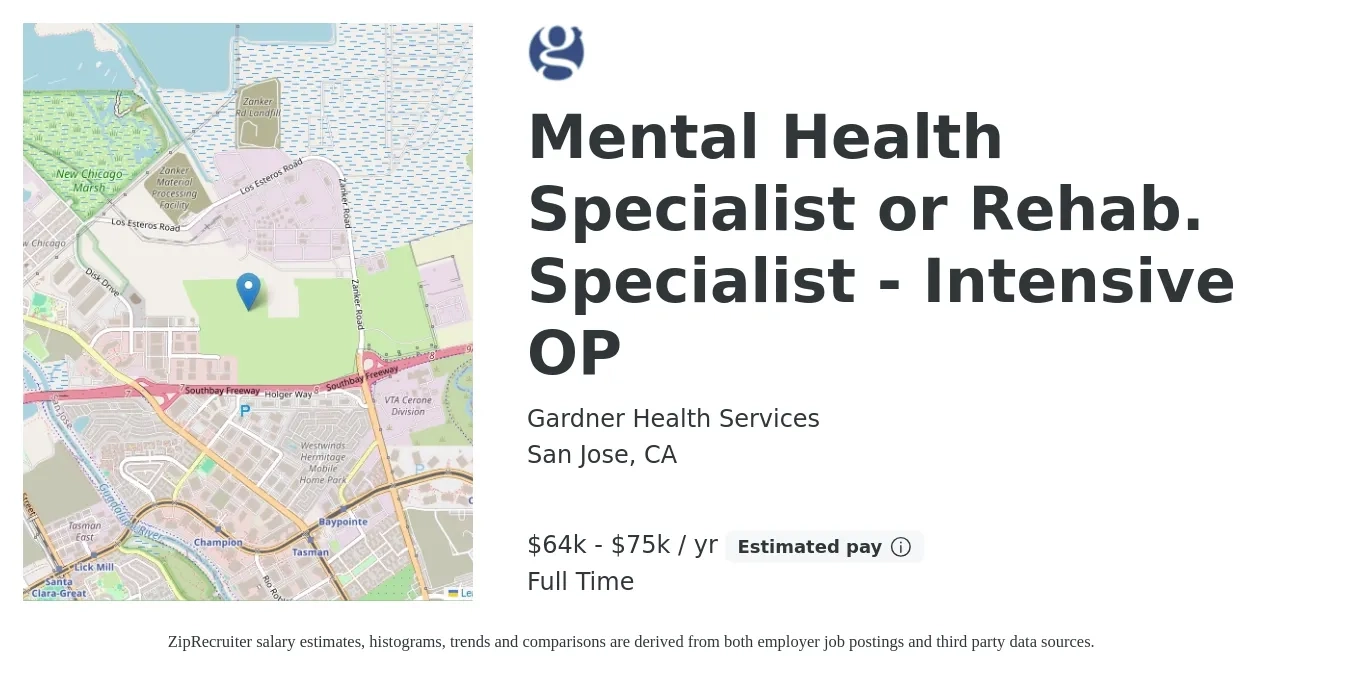 Gardner Health Services job posting for a Mental Health Specialist or Rehab. Specialist - Intensive OP in San Jose, CA with a salary of $64,917 to $75,257 Yearly with a map of San Jose location.