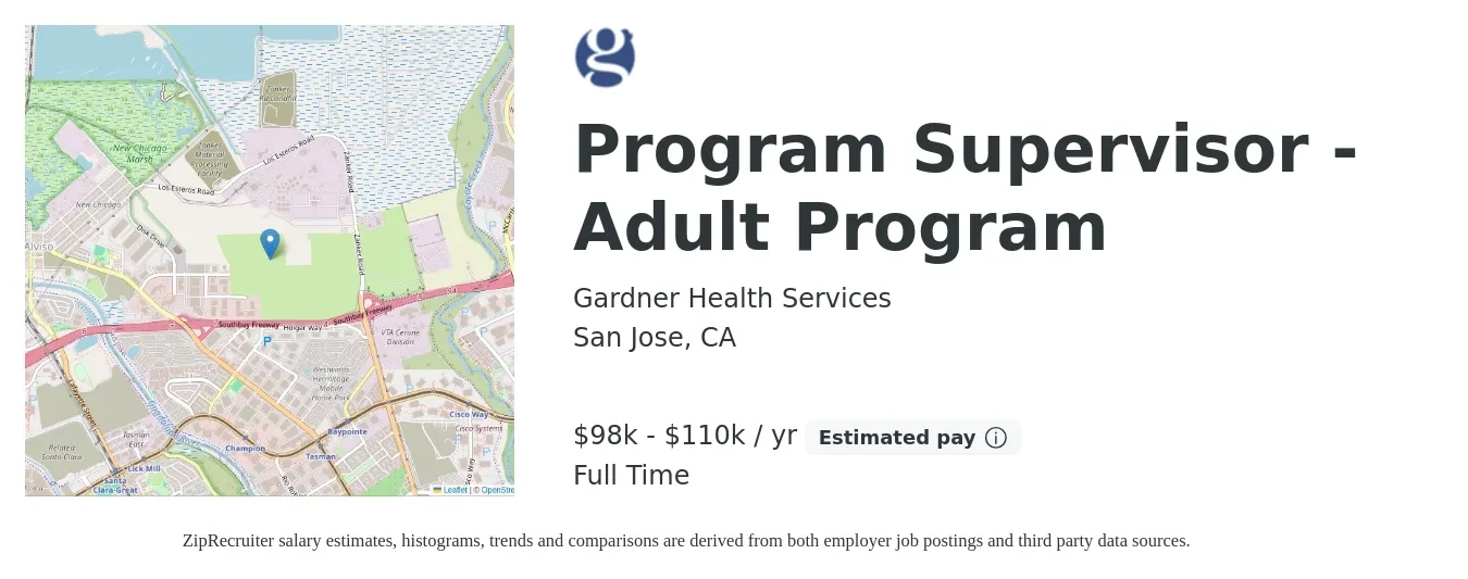 Gardner Health Services job posting for a Program Supervisor - Adult Program in San Jose, CA with a salary of $98,000 to $110,000 Yearly with a map of San Jose location.