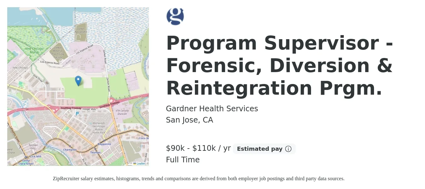 Gardner Health Services job posting for a Program Supervisor - Forensic, Diversion & Reintegration Prgm. in San Jose, CA with a salary of $90,000 to $110,000 Yearly with a map of San Jose location.