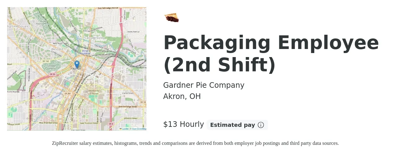 Gardner Pie Company job posting for a Packaging Employee (2nd Shift) in Akron, OH with a salary of $14 Hourly with a map of Akron location.