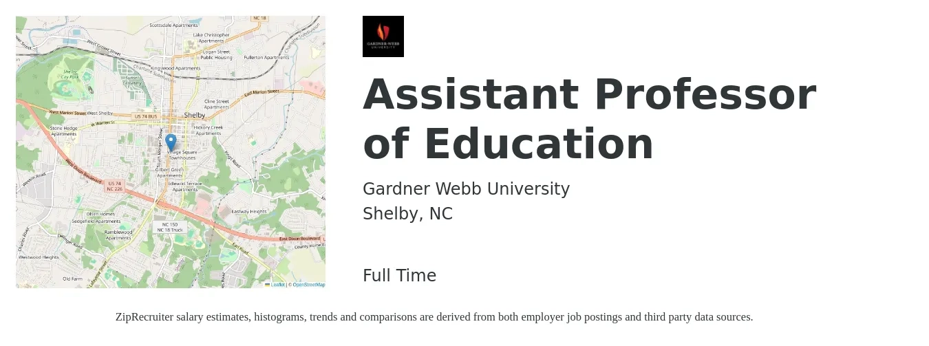 Gardner Webb University job posting for a Assistant Professor of Education in Shelby, NC with a salary of $44,500 to $51,900 Yearly with a map of Shelby location.
