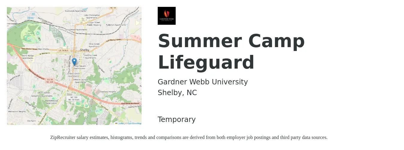 Gardner Webb University job posting for a Summer Camp Lifeguard in Shelby, NC with a salary of $12 to $15 Hourly with a map of Shelby location.