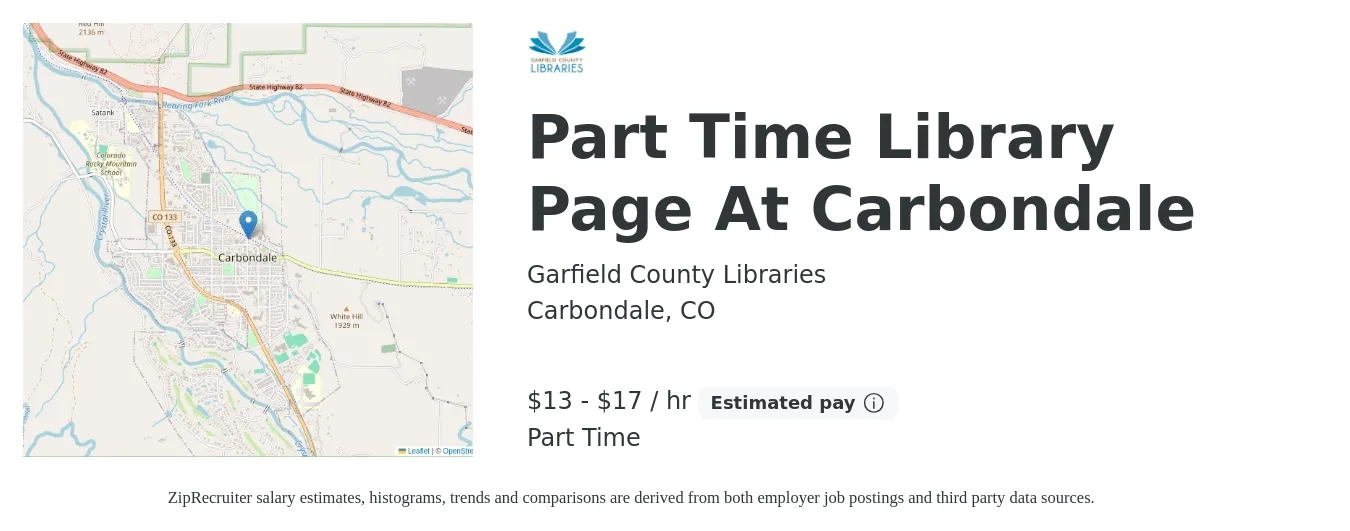 Garfield County Libraries job posting for a Part Time Library Page At Carbondale in Carbondale, CO with a salary of $14 to $18 Hourly with a map of Carbondale location.