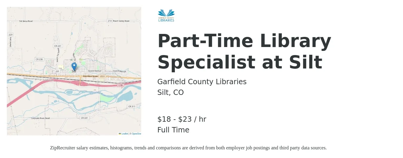 Garfield County Libraries job posting for a Part-Time Library Specialist at Silt in Silt, CO with a salary of $19 to $24 Hourly with a map of Silt location.