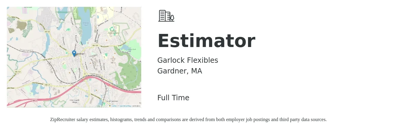 Garlock Flexibles job posting for a Estimator in Gardner, MA with a salary of $56,200 to $91,600 Yearly with a map of Gardner location.