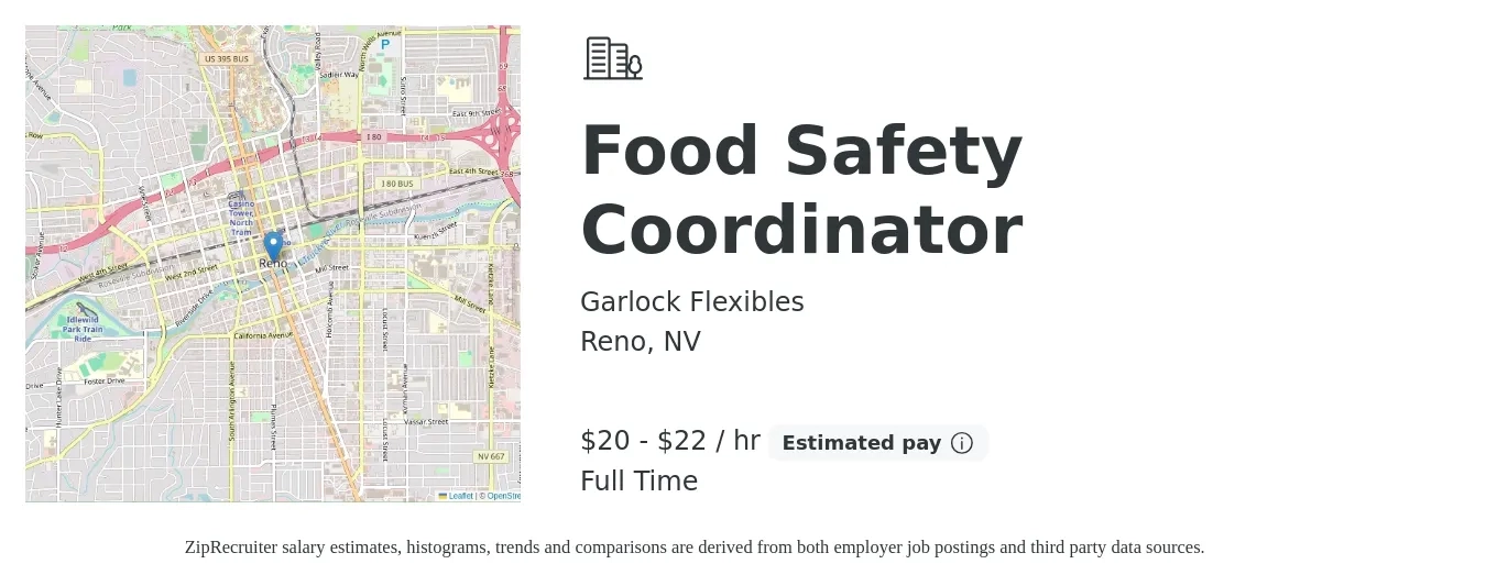 Garlock Flexibles job posting for a Food Safety Coordinator in Reno, NV with a salary of $21 to $23 Hourly with a map of Reno location.