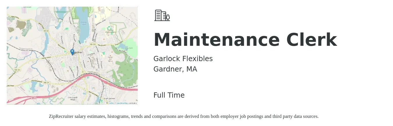 Garlock Flexibles job posting for a Maintenance Clerk in Gardner, MA with a salary of $18 to $22 Hourly with a map of Gardner location.