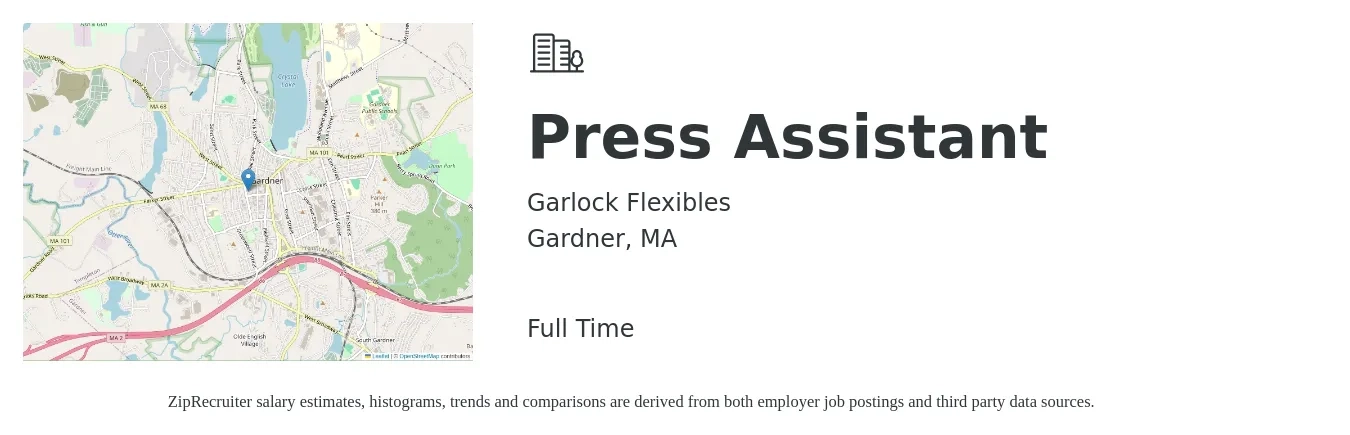 Garlock Flexibles job posting for a Press Assistant in Gardner, MA with a salary of $18 to $23 Hourly with a map of Gardner location.