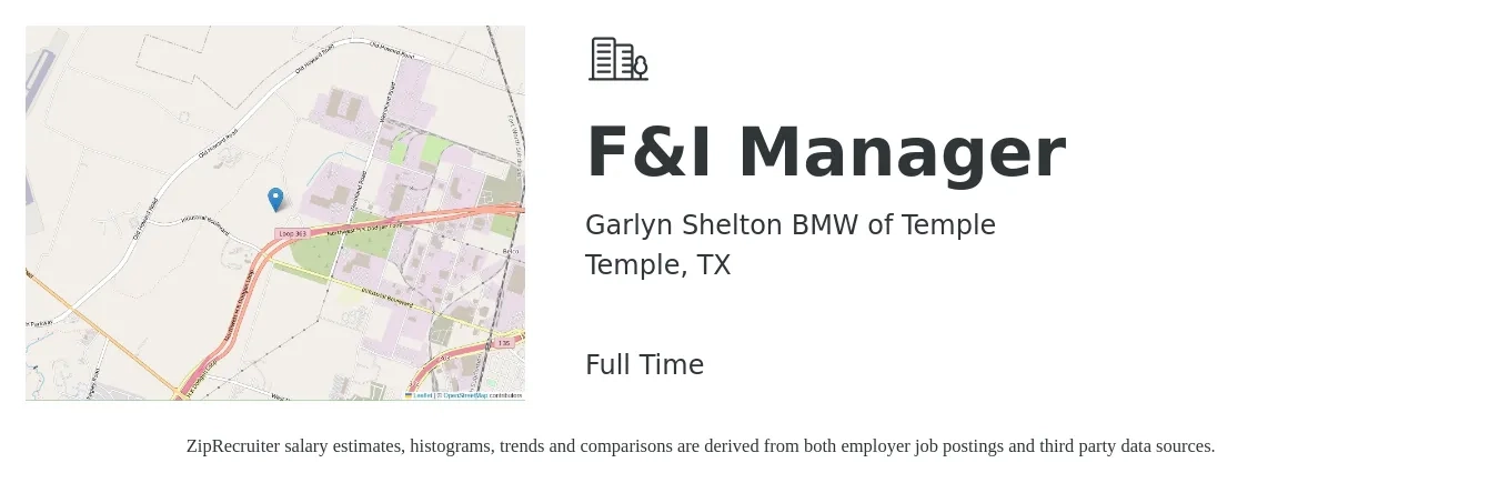 Garlyn Shelton BMW of Temple job posting for a F&I Manager in Temple, TX with a salary of $69,700 to $104,500 Yearly with a map of Temple location.