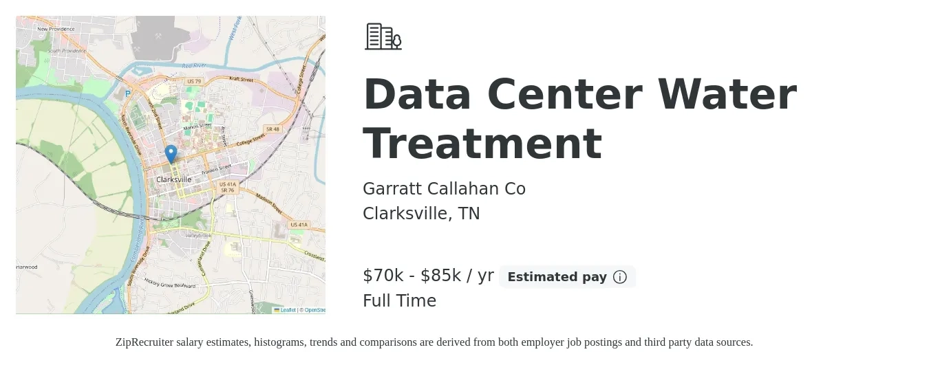Garratt Callahan Co job posting for a Data Center Water Treatment in Clarksville, TN with a salary of $70,000 to $85,000 Yearly with a map of Clarksville location.