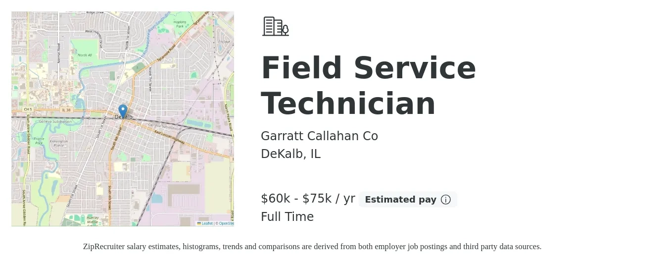 Garratt Callahan Co job posting for a Field Service Technician in DeKalb, IL with a salary of $60,000 to $75,000 Yearly with a map of DeKalb location.
