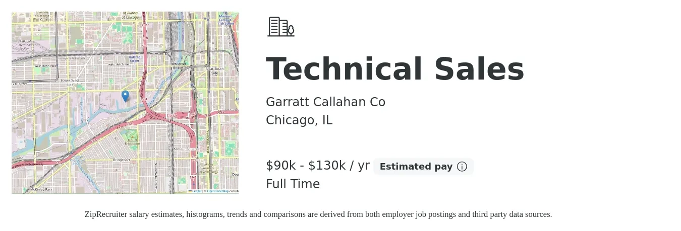 Garratt Callahan Co job posting for a Technical Sales in Chicago, IL with a salary of $90,000 to $130,000 Yearly with a map of Chicago location.