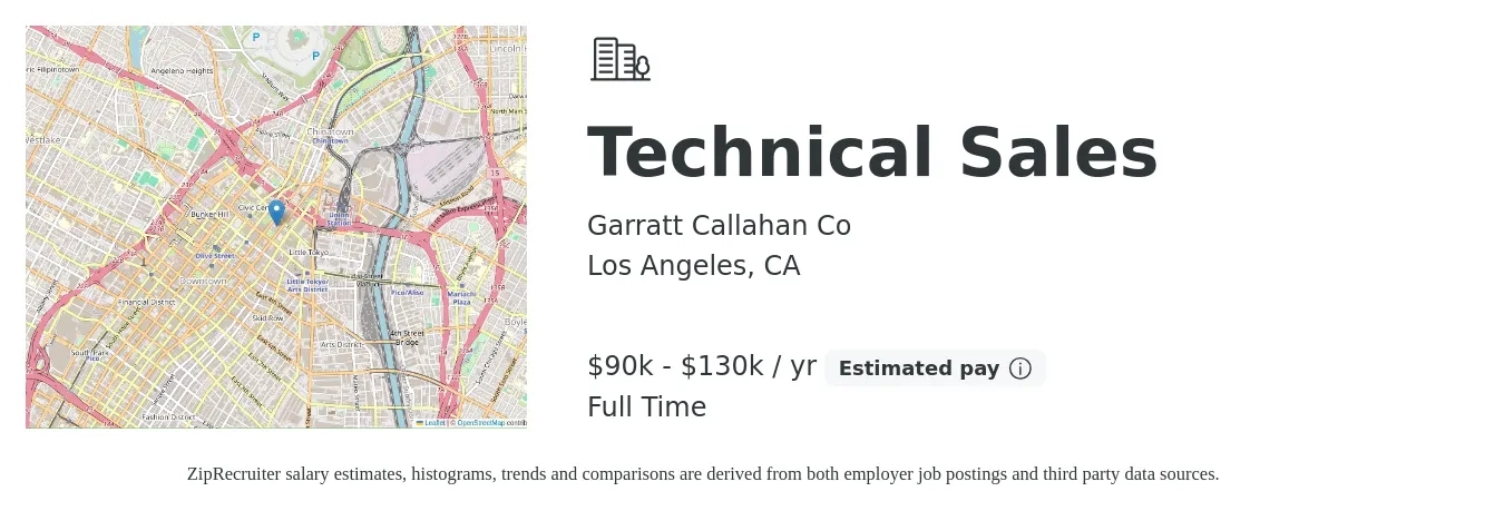 Garratt Callahan Co job posting for a Technical Sales in Los Angeles, CA with a salary of $90,000 to $130,000 Yearly with a map of Los Angeles location.