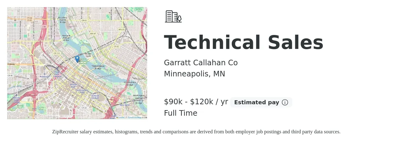 Garratt Callahan Co job posting for a Technical Sales in Minneapolis, MN with a salary of $90,000 to $120,000 Yearly with a map of Minneapolis location.