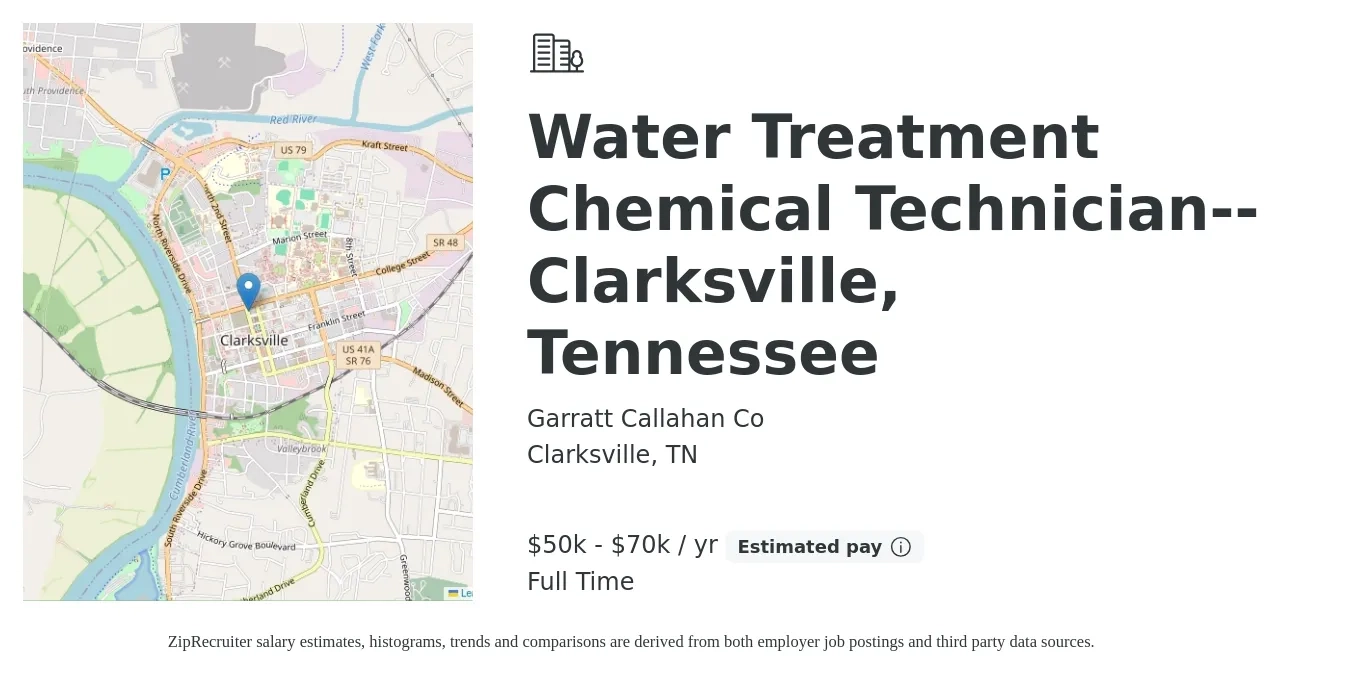 Garratt Callahan Co job posting for a Water Treatment Chemical Technician--Clarksville, Tennessee in Clarksville, TN with a salary of $50,000 to $70,000 Yearly with a map of Clarksville location.