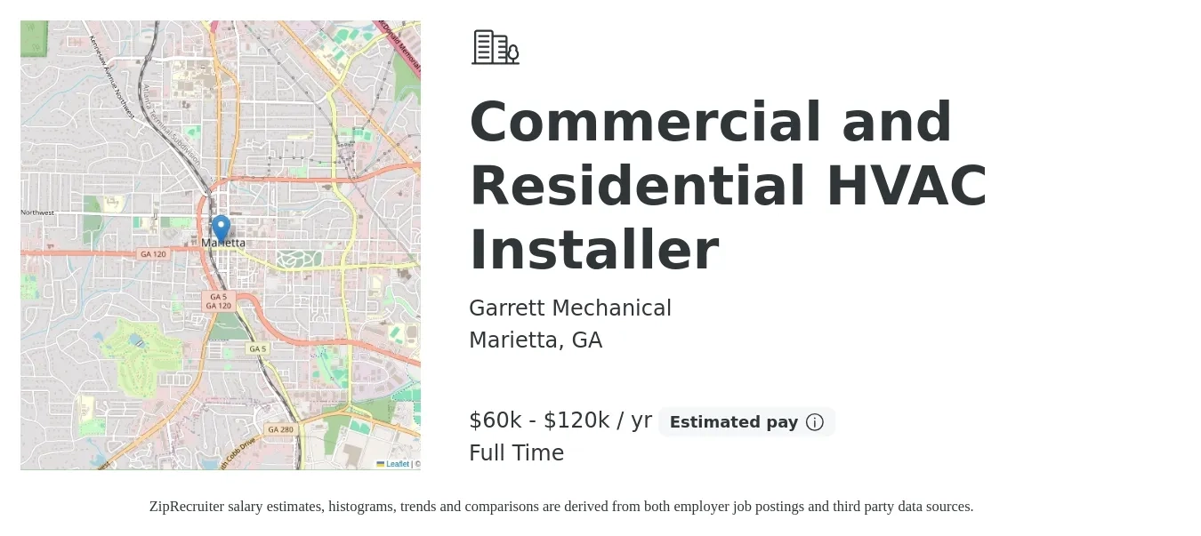 Garrett Mechanical job posting for a Commercial and Residential HVAC Installer in Marietta, GA with a salary of $60,000 to $120,000 Yearly with a map of Marietta location.