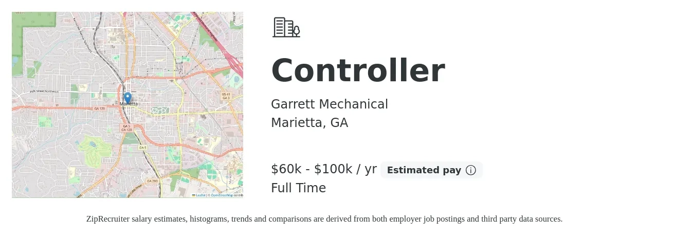 Garrett Mechanical job posting for a Controller in Marietta, GA with a salary of $60,000 to $100,000 Yearly with a map of Marietta location.