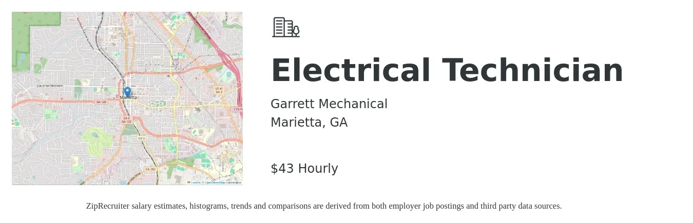 Garrett Mechanical job posting for a Electrical Technician in Marietta, GA with a salary of $45 Hourly with a map of Marietta location.
