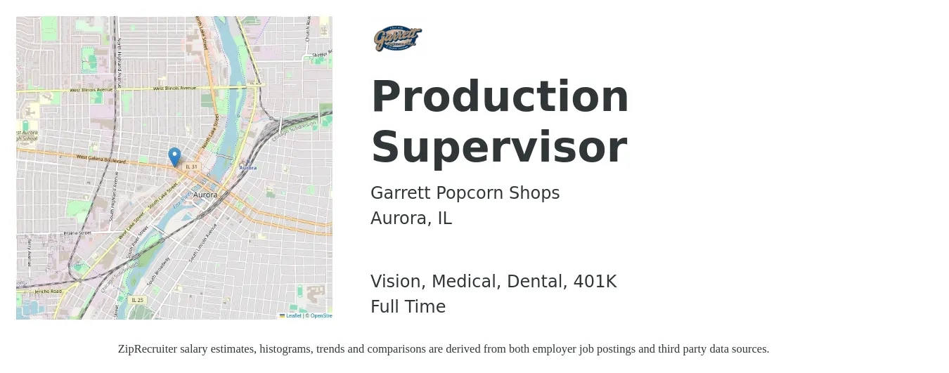 Garrett Popcorn Shops job posting for a Production Supervisor in Aurora, IL with a salary of $55,500 to $79,800 Yearly and benefits including 401k, dental, medical, and vision with a map of Aurora location.