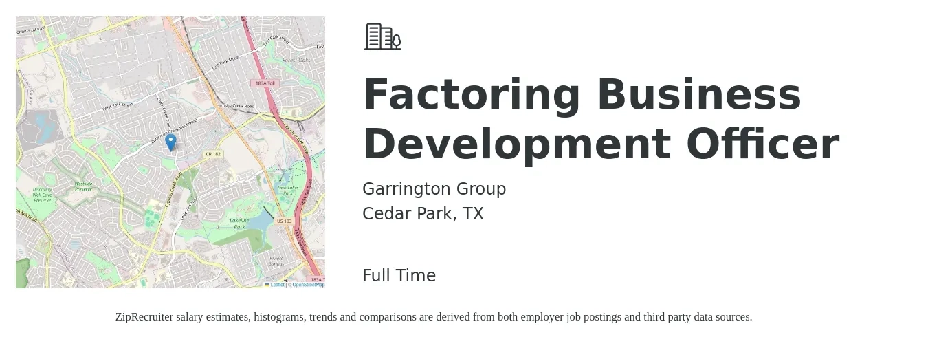 Garrington Group job posting for a Factoring Business Development Officer in Cedar Park, TX with a salary of $63,500 to $92,200 Yearly with a map of Cedar Park location.