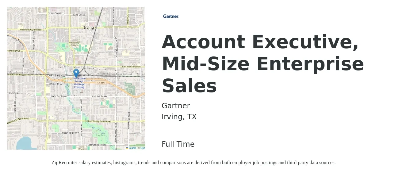 Gartner job posting for a Account Executive, Mid-Size Enterprise Sales in Irving, TX with a salary of $51,900 to $91,200 Yearly with a map of Irving location.