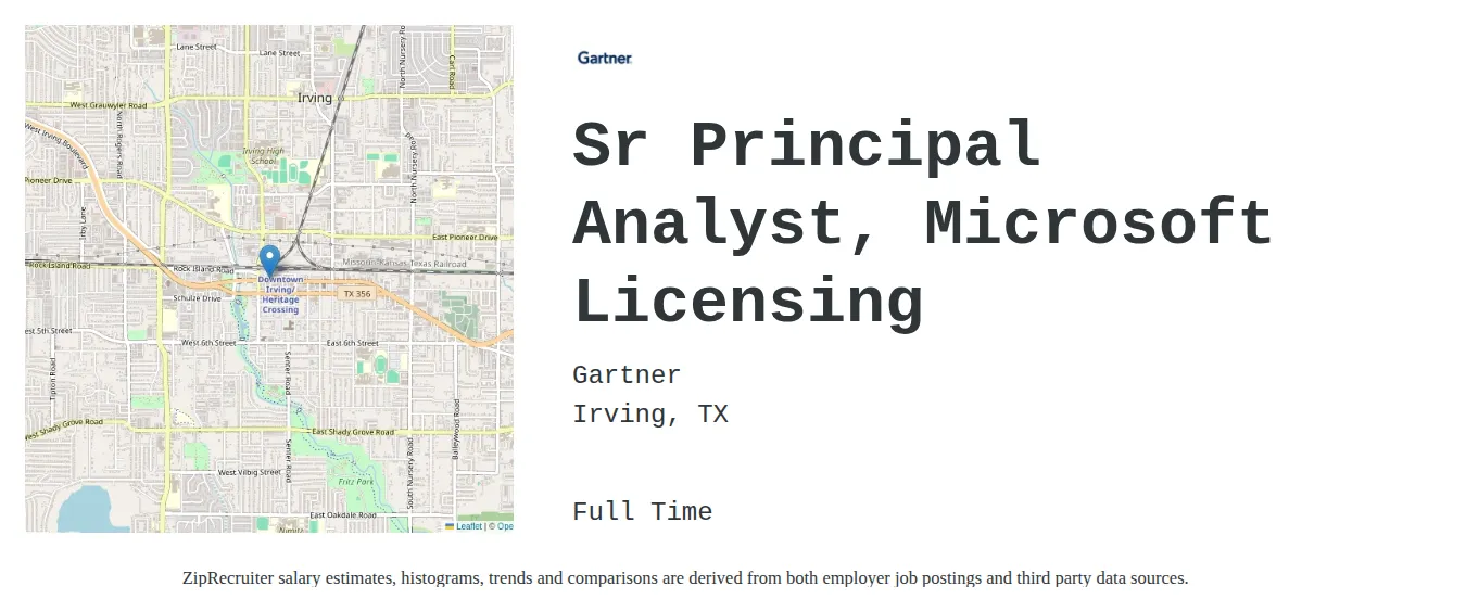 Gartner job posting for a Sr Principal Analyst, Microsoft Licensing in Irving, TX and benefits including PTO and Retirement with a map of Irving location.