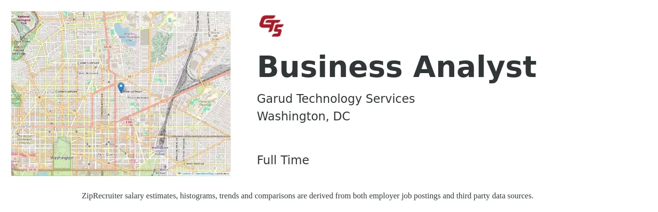 Garud Technology Services job posting for a Business Analyst in Washington, DC with a salary of $42 to $70 Hourly with a map of Washington location.