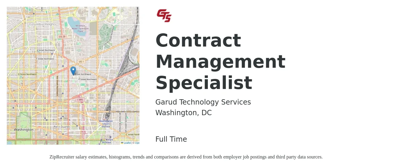Garud Technology Services job posting for a Contract Management Specialist in Washington, DC with a salary of $108,800 to $132,000 Yearly with a map of Washington location.