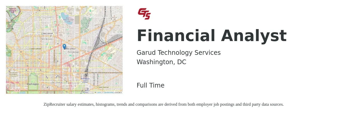 Garud Technology Services job posting for a Financial Analyst in Washington, DC with a salary of $79,300 to $125,200 Yearly with a map of Washington location.