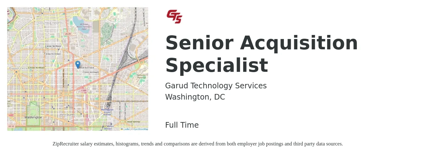 Garud Technology Services job posting for a Senior Acquisition Specialist in Washington, DC with a salary of $78,200 to $109,900 Yearly with a map of Washington location.