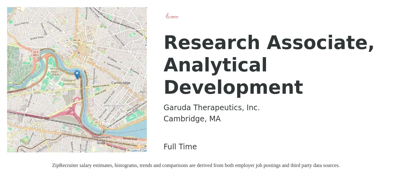 Garuda Therapeutics, Inc. job posting for a Research Associate, Analytical Development in Cambridge, MA with a salary of $30 to $42 Hourly with a map of Cambridge location.