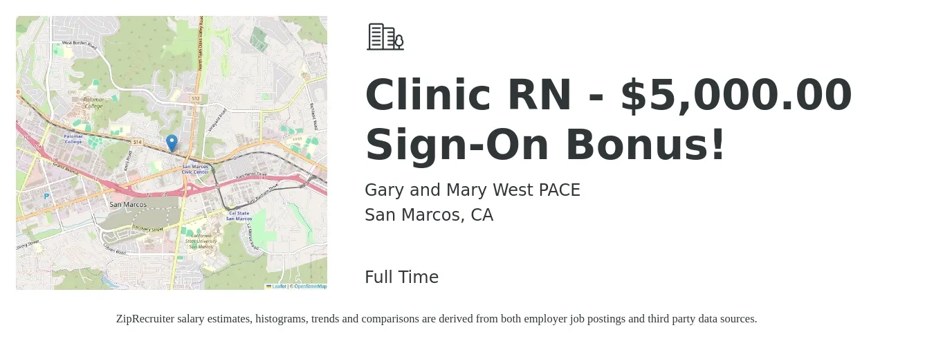 Gary and Mary West PACE job posting for a Clinic RN - $5,000.00 Sign-On Bonus! in San Marcos, CA with a salary of $36 to $55 Hourly with a map of San Marcos location.