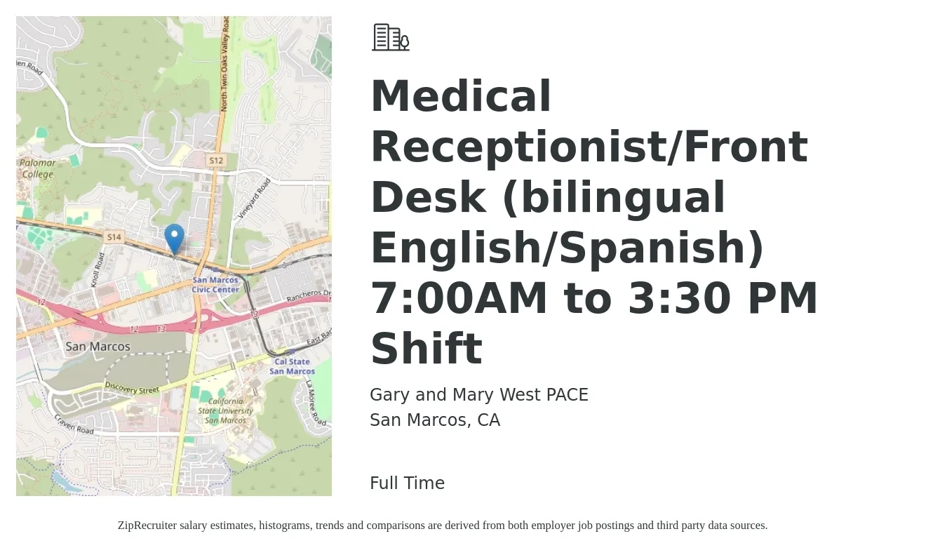 Gary and Mary West PACE job posting for a Medical Receptionist/Front Desk (bilingual English/Spanish) 7:00AM to 3:30PM Shift in San Marcos, CA with a salary of $17 to $23 Hourly with a map of San Marcos location.