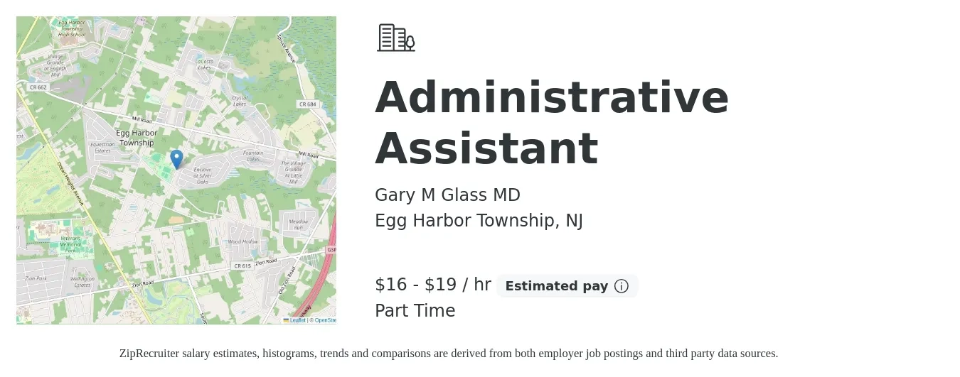 Gary M Glass MD job posting for a Administrative Assistant in Egg Harbor Township, NJ with a salary of $17 to $20 Hourly with a map of Egg Harbor Township location.