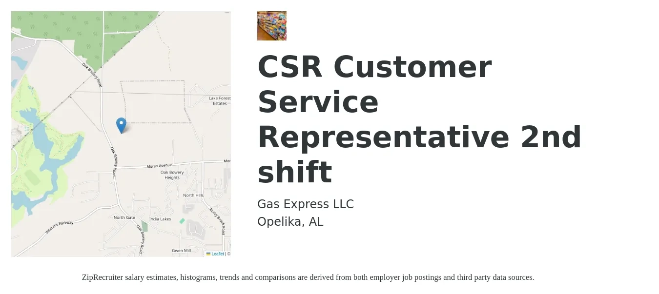 Gas Express LLC job posting for a CSR Customer Service Representative 2nd shift in Opelika, AL with a salary of $14 to $19 Hourly with a map of Opelika location.