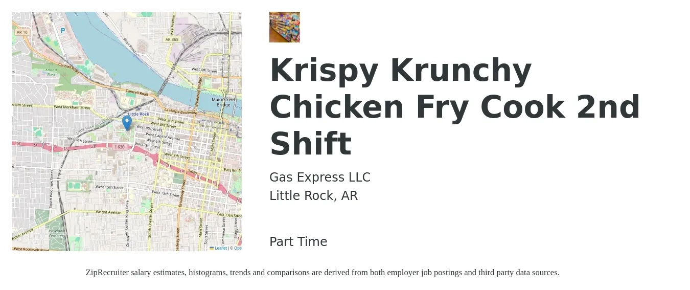Gas Express LLC job posting for a Krispy Krunchy Chicken Fry Cook 2nd Shift in Little Rock, AR with a salary of $12 to $16 Hourly with a map of Little Rock location.
