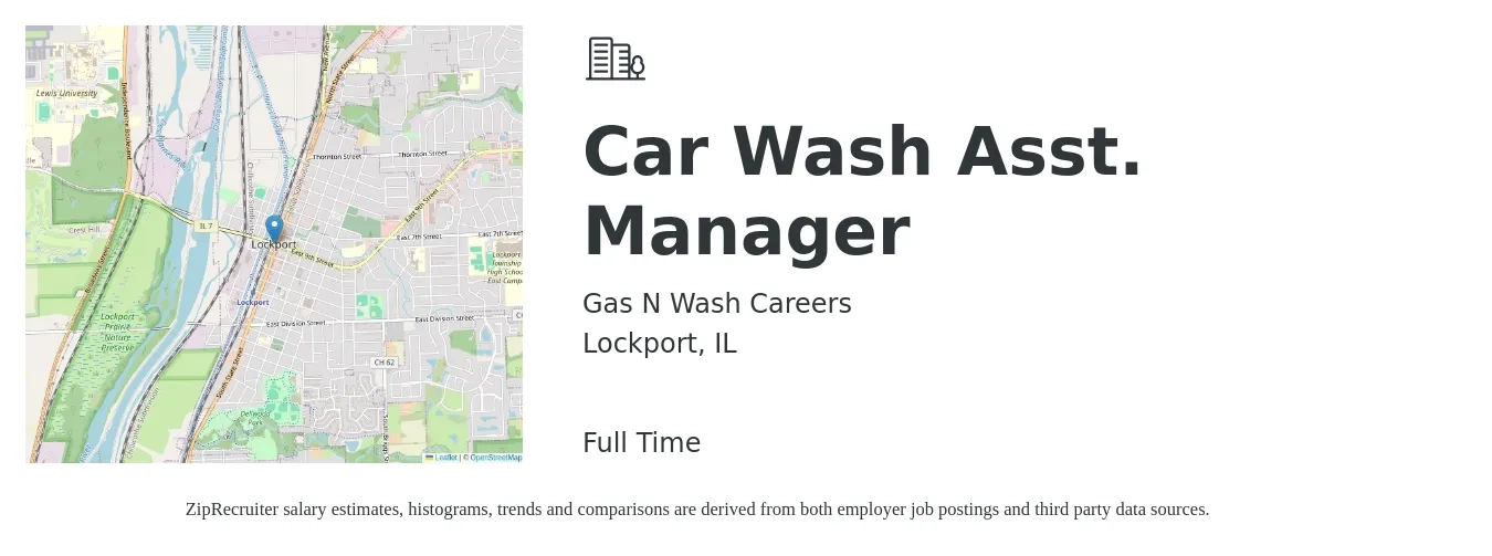 Gas N Wash Careers job posting for a Car Wash Asst. Manager in Lockport, IL with a salary of $14 to $18 Hourly with a map of Lockport location.