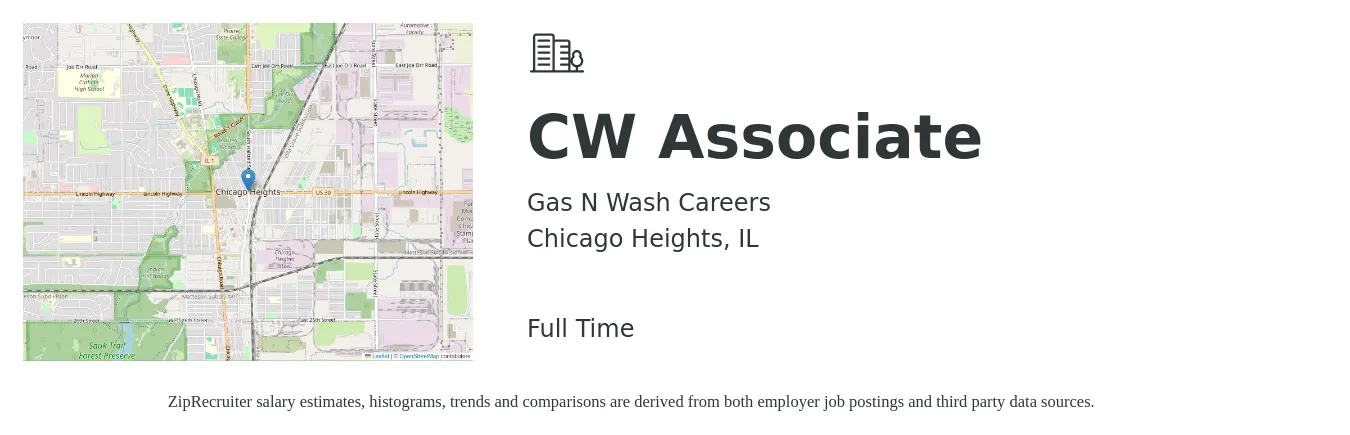 Gas N Wash Careers job posting for a CW Associate in Chicago Heights, IL with a salary of $15 to $21 Hourly with a map of Chicago Heights location.