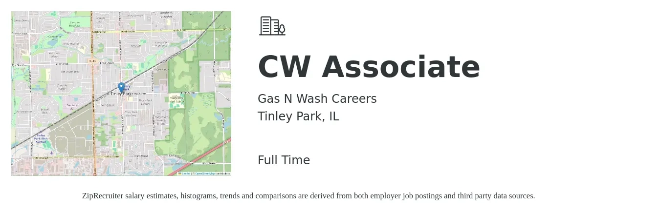 Gas N Wash Careers job posting for a CW Associate in Tinley Park, IL with a salary of $15 to $21 Hourly with a map of Tinley Park location.